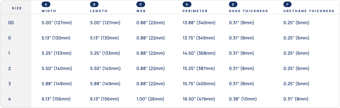 Sigafoos Elite XB size chart