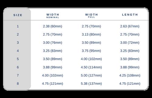 Medial/Lateral Extension size chart